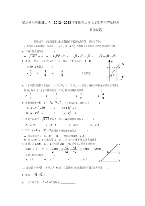 福建省泉州市洛江区2012—2013学年度初三年上学期期末质量检测数学试题及答案