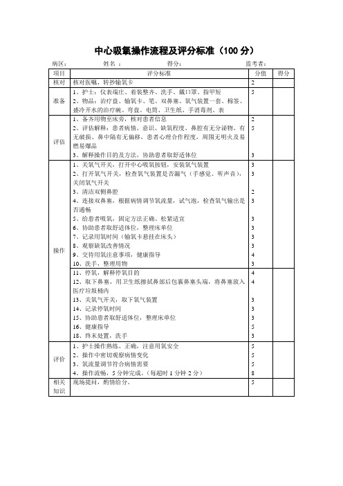 中心吸氧操作流程及评分表