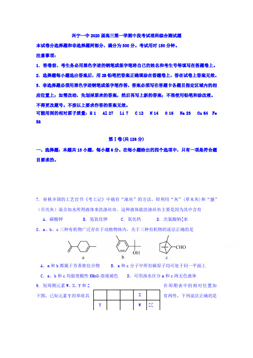 广东省兴宁市第一中学高三上学期中段考试化学试题 含答案