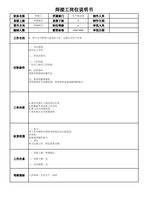 焊接工岗位说明书