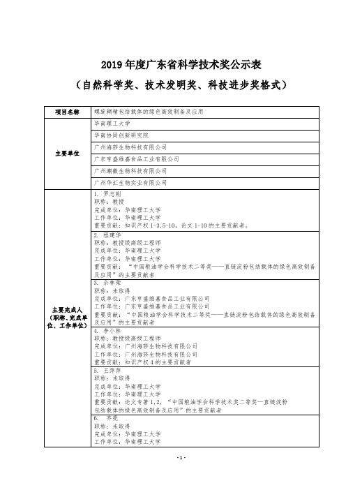 2019年度广东省科学技术奖公示表