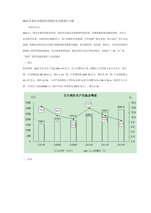 2012年嘉兴市国民经济和社会发展统计公报