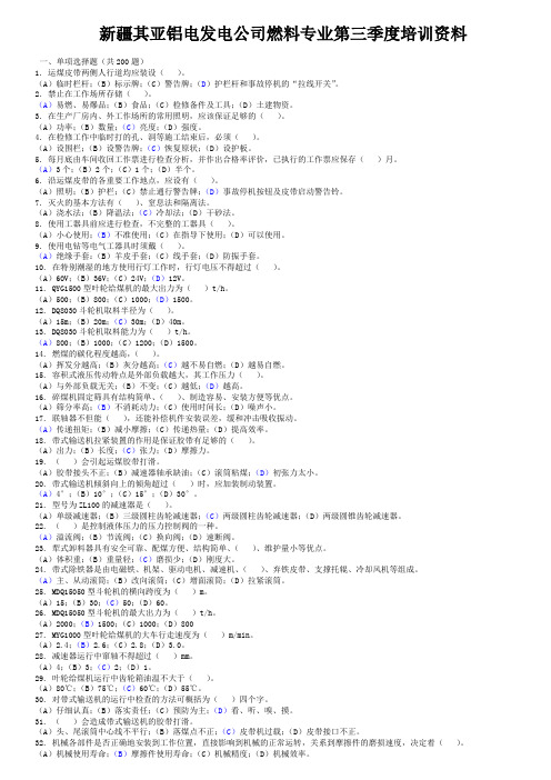新疆其亚铝电发电公司燃料专业第三季度培训资料