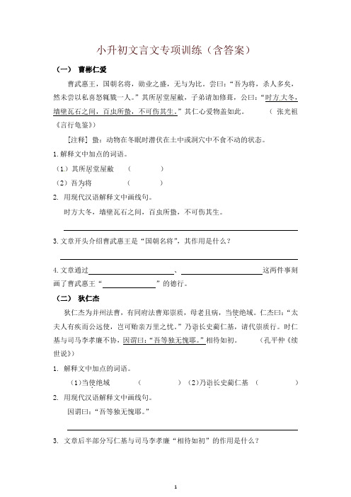 六年级下册语文试题-小升初文言文专项训练∣通用版(含答案)-精