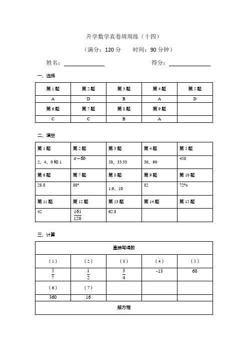升学数学真卷周周练(十四)-解析版