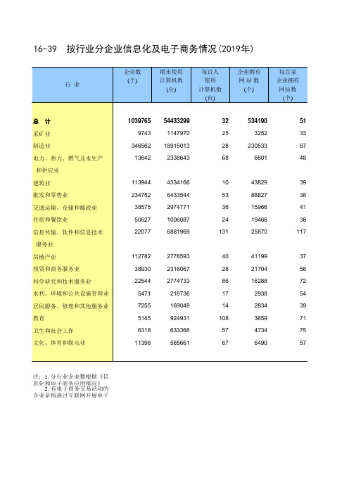 中国统计年鉴2020全国社会经济发展指标：16-39  按行业分企业信息化及电子商务情况(2019)