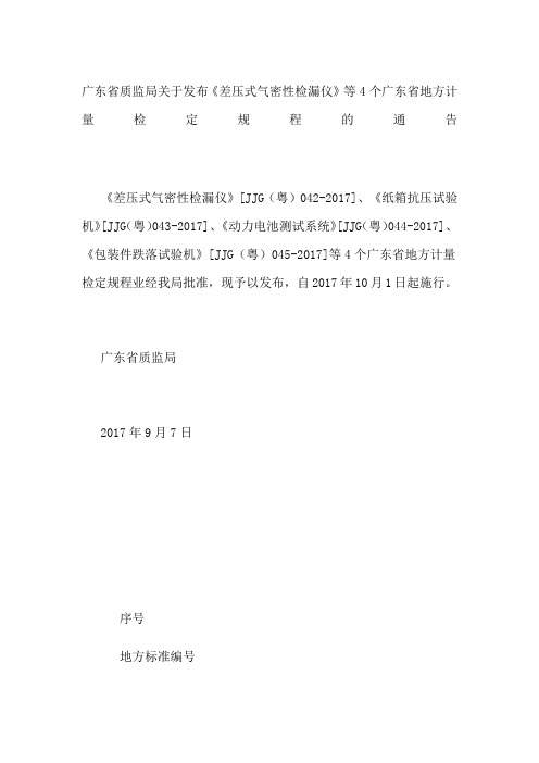 广东省质监局关于发布《差压式气密性检漏仪》等4个广东省地方计量检定规程的通告