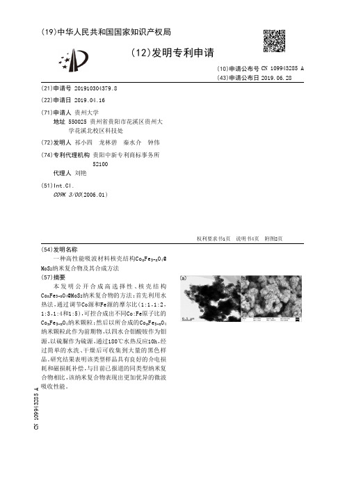 【CN109943285A】一种高性能吸波材料核壳结构CoSubxSubFeSub3xSubOSub