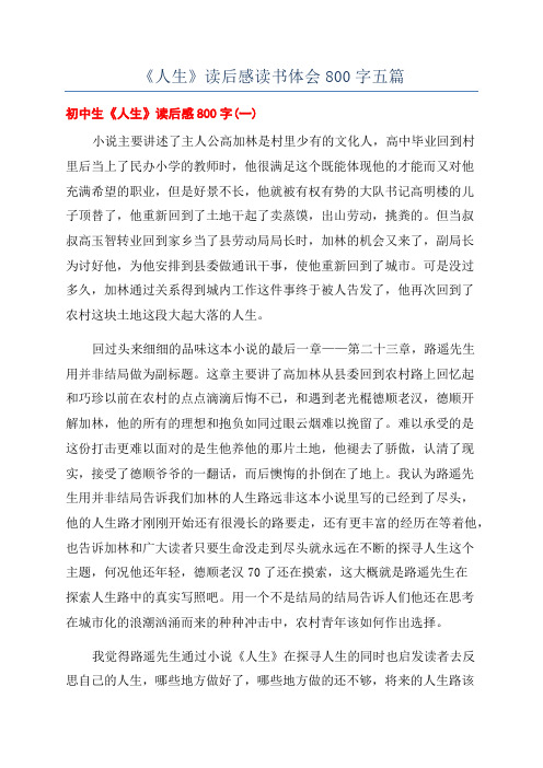 《人生》读后感读书体会800字五篇