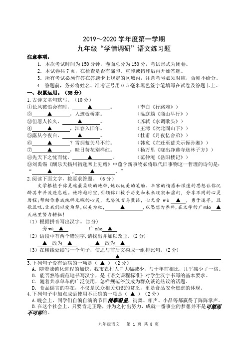 江苏省阜宁县实验初级中学2019-2020学年度第一学期 九年级“学情调研”语文试题