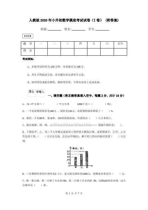 人教版2020年小升初数学摸底考试试卷(I卷) (附答案)