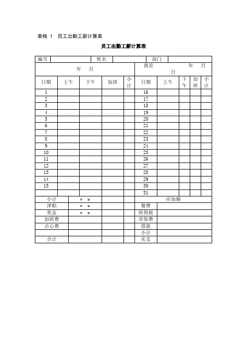 薪酬体系文件资料-员工出勤工薪计算表