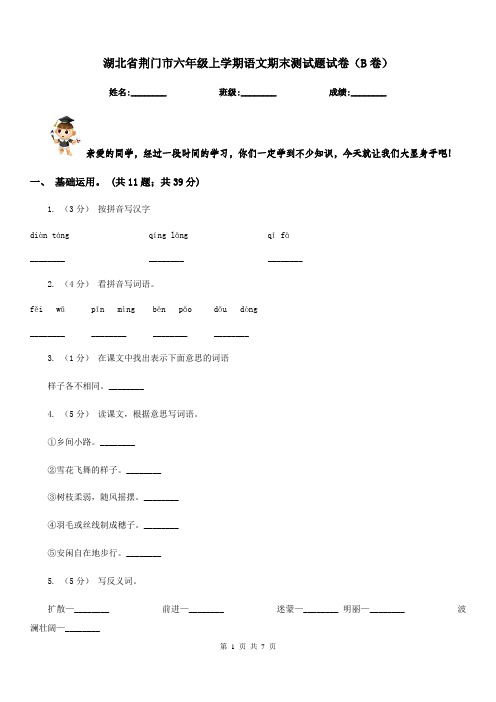 湖北省荆门市六年级上学期语文期末测试题试卷(B卷)