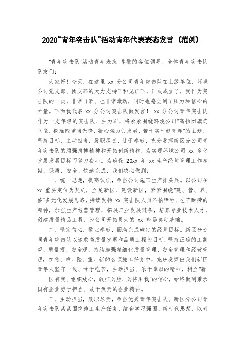 2020“青年突击队”活动青年代表表态发言(范例)