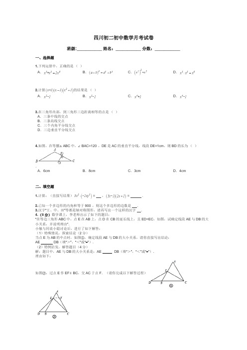 四川初二初中数学月考试卷带答案解析
