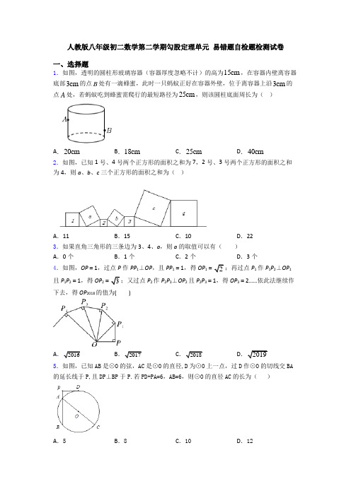 人教版八年级初二数学第二学期勾股定理单元 易错题自检题检测试卷