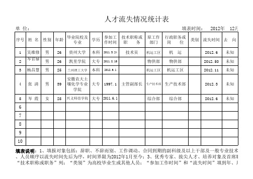 人才流失情况统计表(源兴公司)