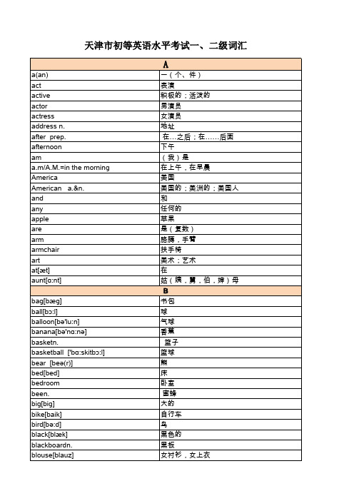 天津市初等英语水平考试一、二级词汇 (EETS)