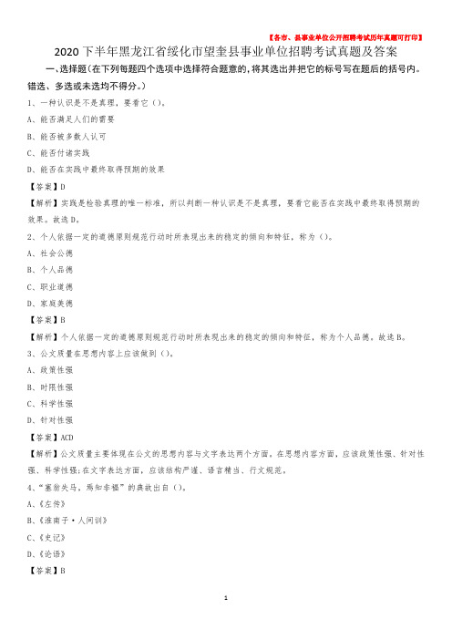 2020下半年黑龙江省绥化市望奎县事业单位招聘考试真题及答案