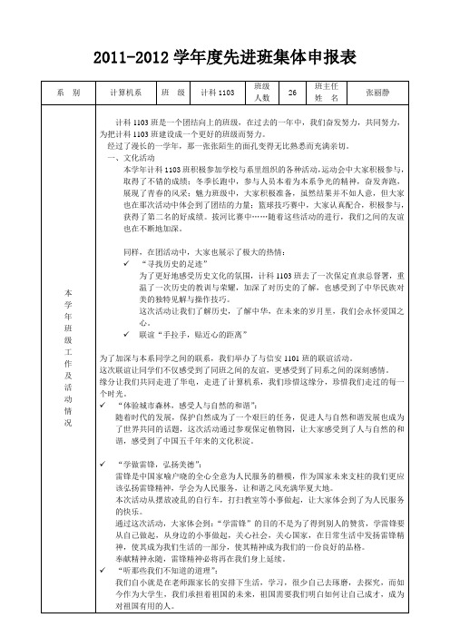 2011-2012学年度先进班级集体申报表