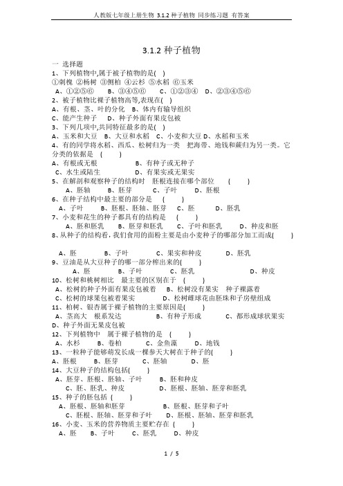 人教版七年级上册生物 3.1.2种子植物 同步练习题 有答案