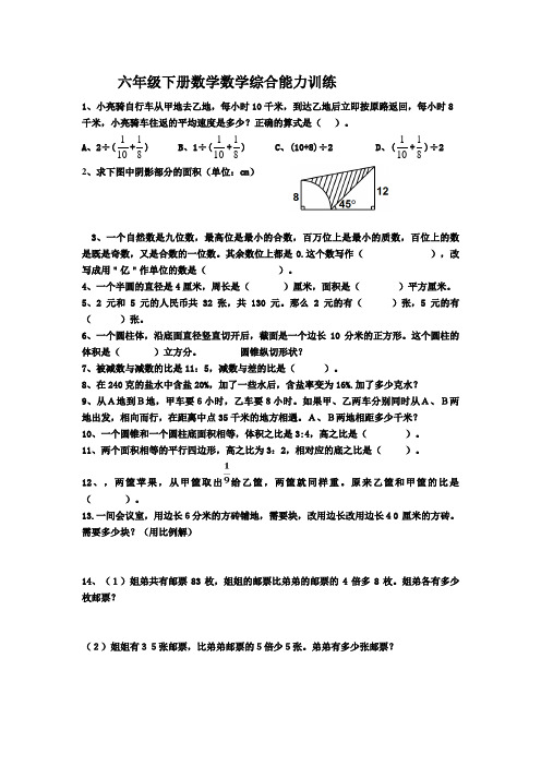 六年级下册数学综合能力训练