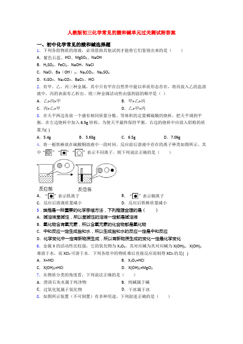 人教版初三化学常见的酸和碱单元过关测试附答案