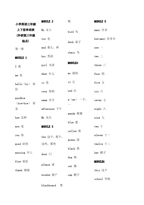 小学英语三年级上下册单词表外研版三年级起点