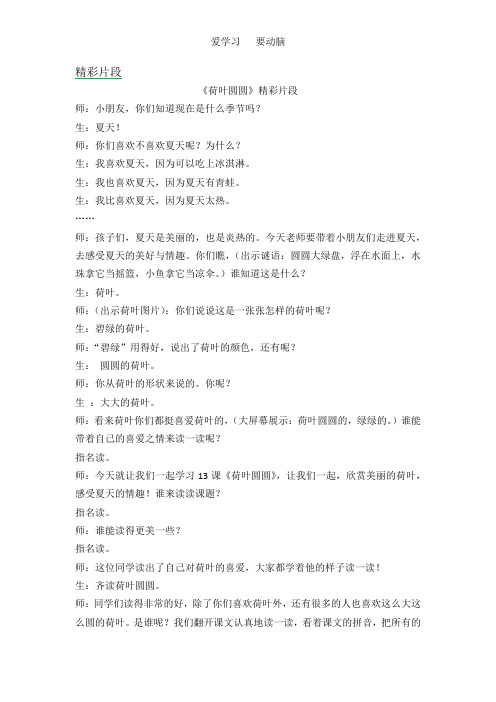 2020年部编版一年级下册语文13 荷叶圆圆精彩片段