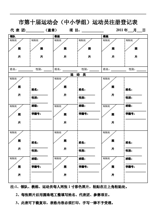 市第十届运动会(中小学组)运动员注册登记表