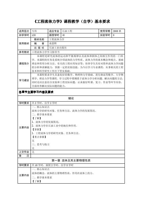 工程流体力学课程教学(自学)基本要求文档
