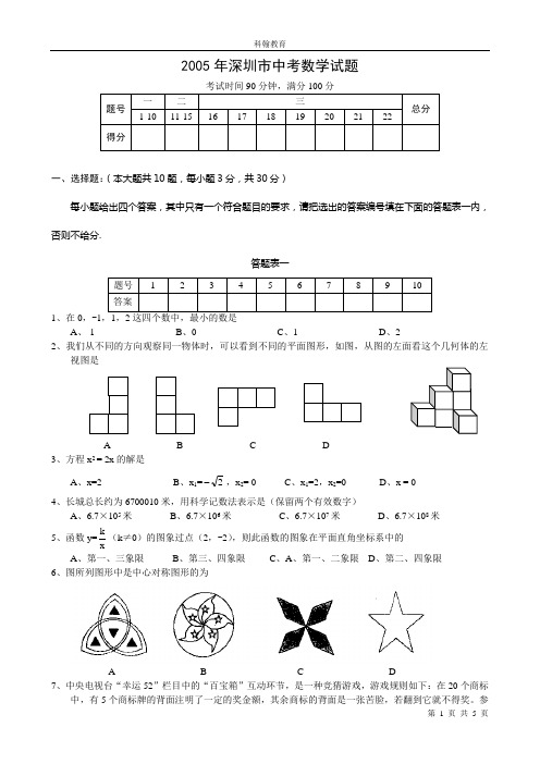 2005深圳市中考数学真题