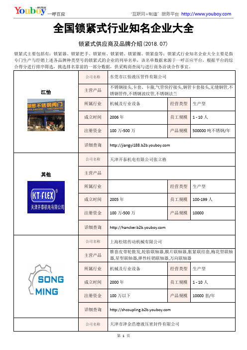 全国锁紧式行业知名企业大全-锁紧式供应商及品牌介绍2018.07