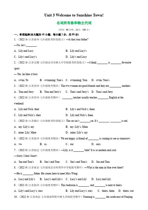 【同步练习】译林版初一英语下册 Unit3 Grammar重点语法 名词所有格和物主代词