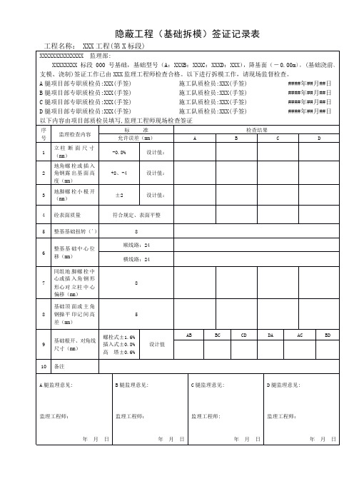 隐蔽工程(基础拆模)签证记录表