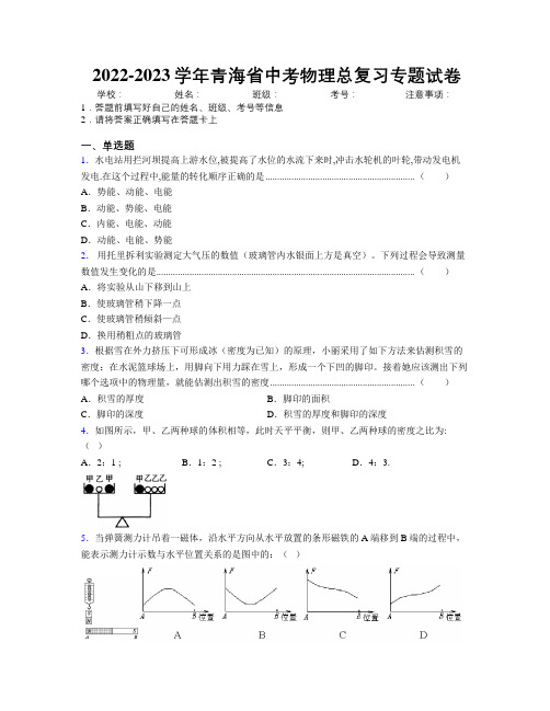 2022-2023学年青海省中考物理总复习专题试卷附解析