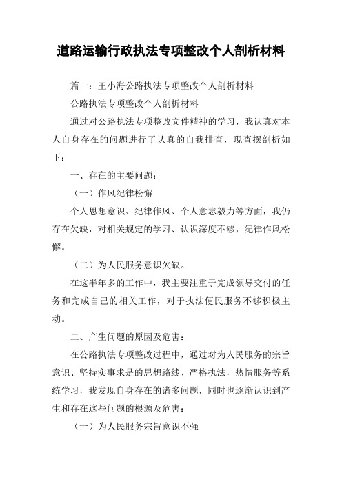 道路运输行政执法专项整改个人剖析材料