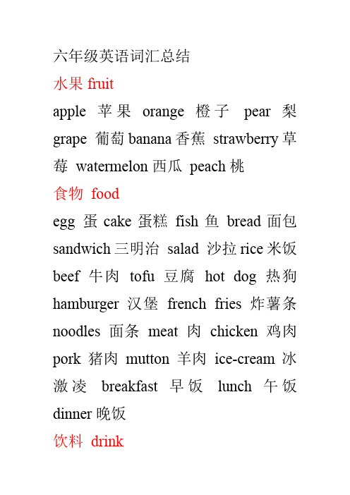 小考英语词汇总结 六年级