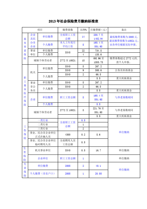 2013年社会保险费月缴纳标准表