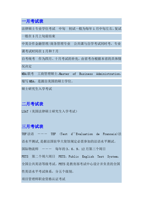 全国各类职业资格证书考试时间表