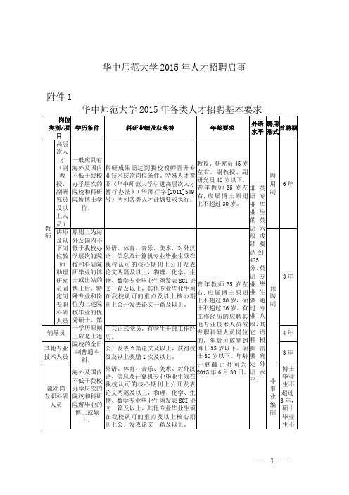 华中师范大学2015年人才招聘启事