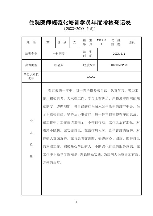 住院医师规范化培训学员年度考核登记表模板