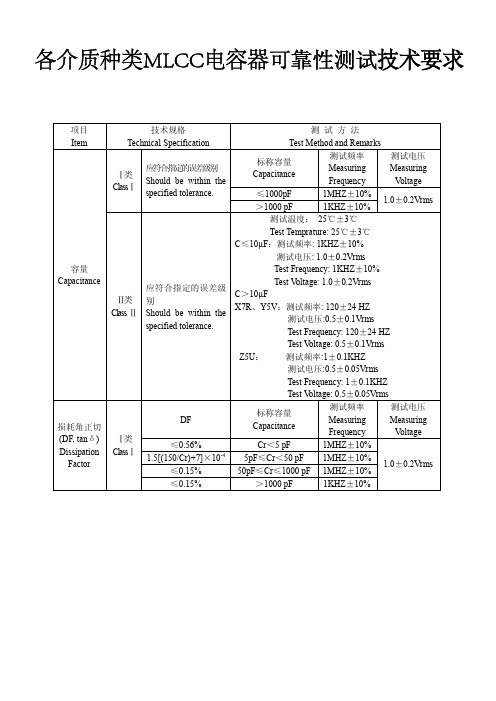 各介质种类MLCC电容器可靠性测试技术要求