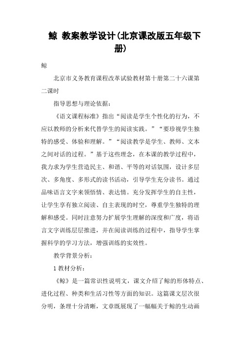 鲸 教案教学设计(北京课改版五年级下册)