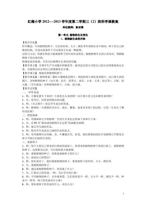 红梅小学三年级(2)班科学下册教案及反思