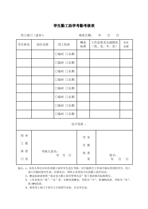学生勤工助学考勤考核表