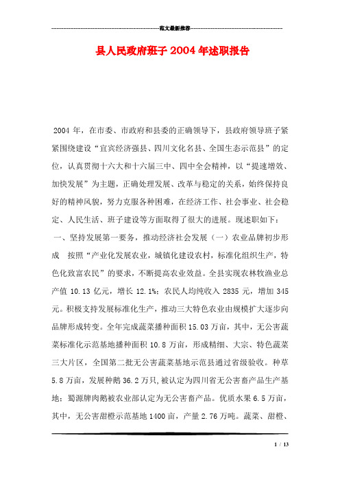 县人民政府班子2004年述职报告
