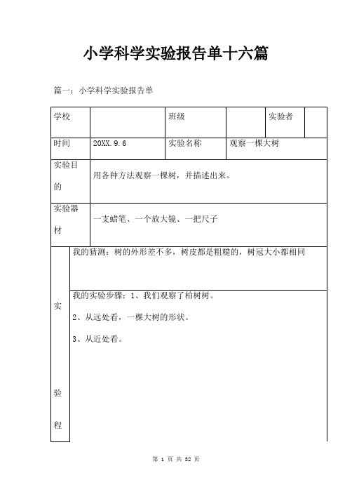 小学科学实验报告单十六篇