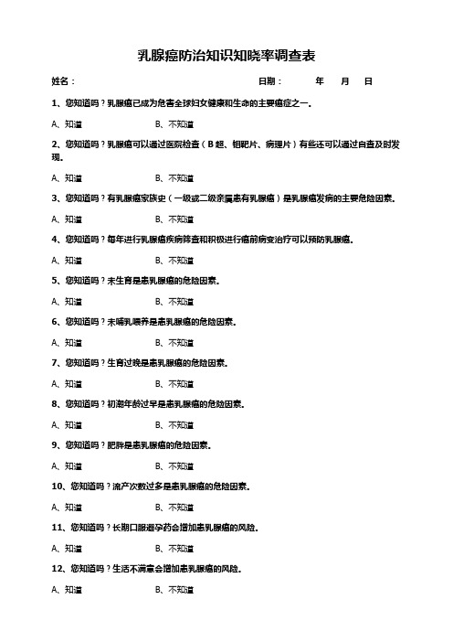 乳腺癌防治知识知晓率调查表