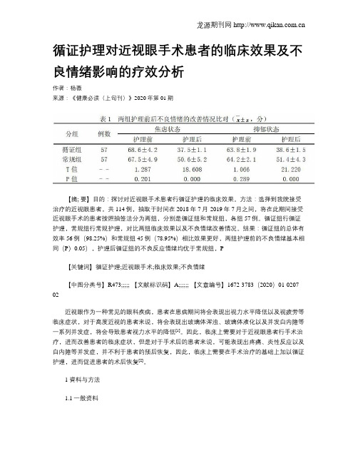 循证护理对近视眼手术患者的临床效果及不良情绪影响的疗效分析